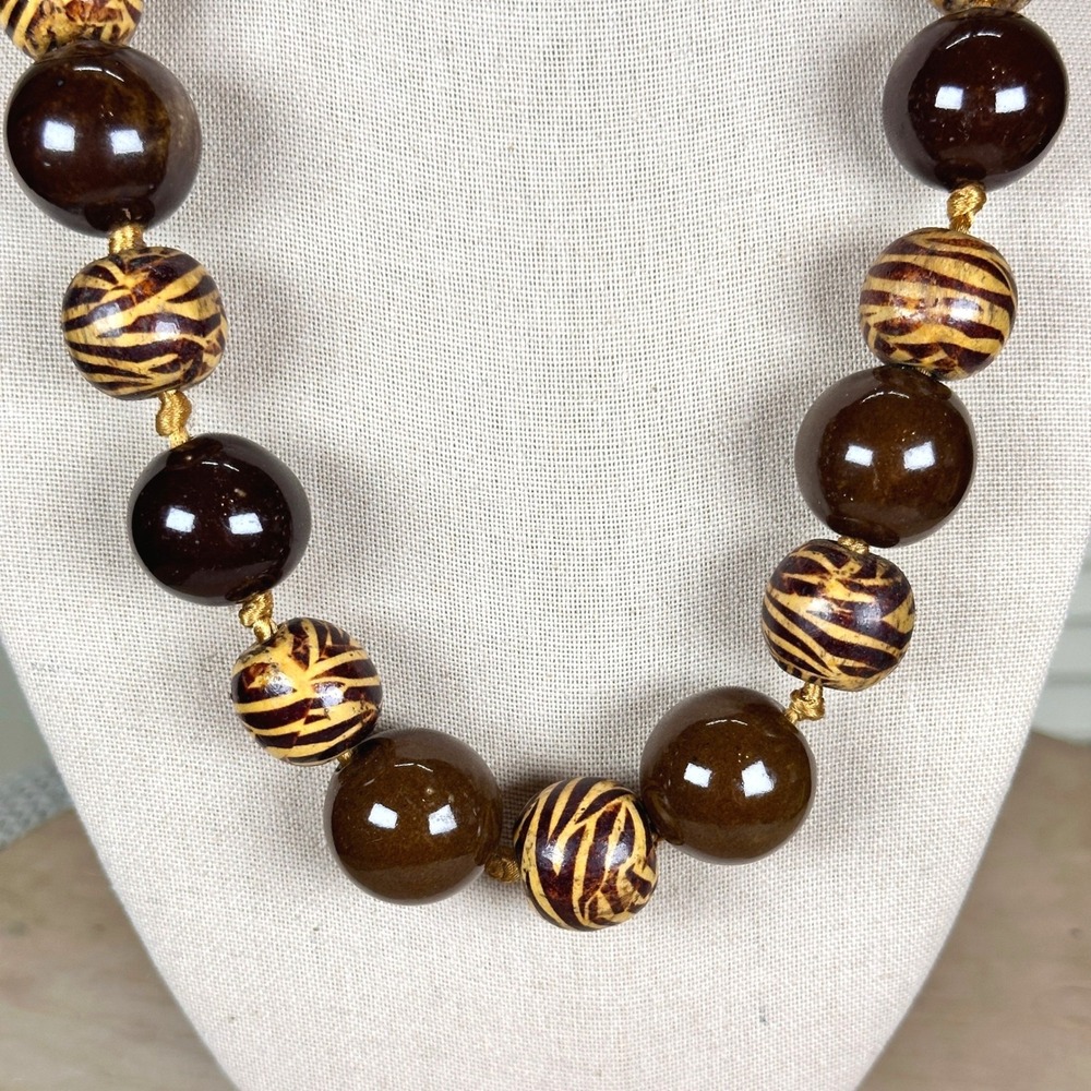 Vintage‎ Wood & Glazed Ceramic Safari Zebra Striped Beaded Necklace Hand Knotted - Picture 3 of 6